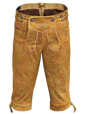 Men Authentic Lederhosen Golden Brown Oktoberfest Costume Leather Short NEW